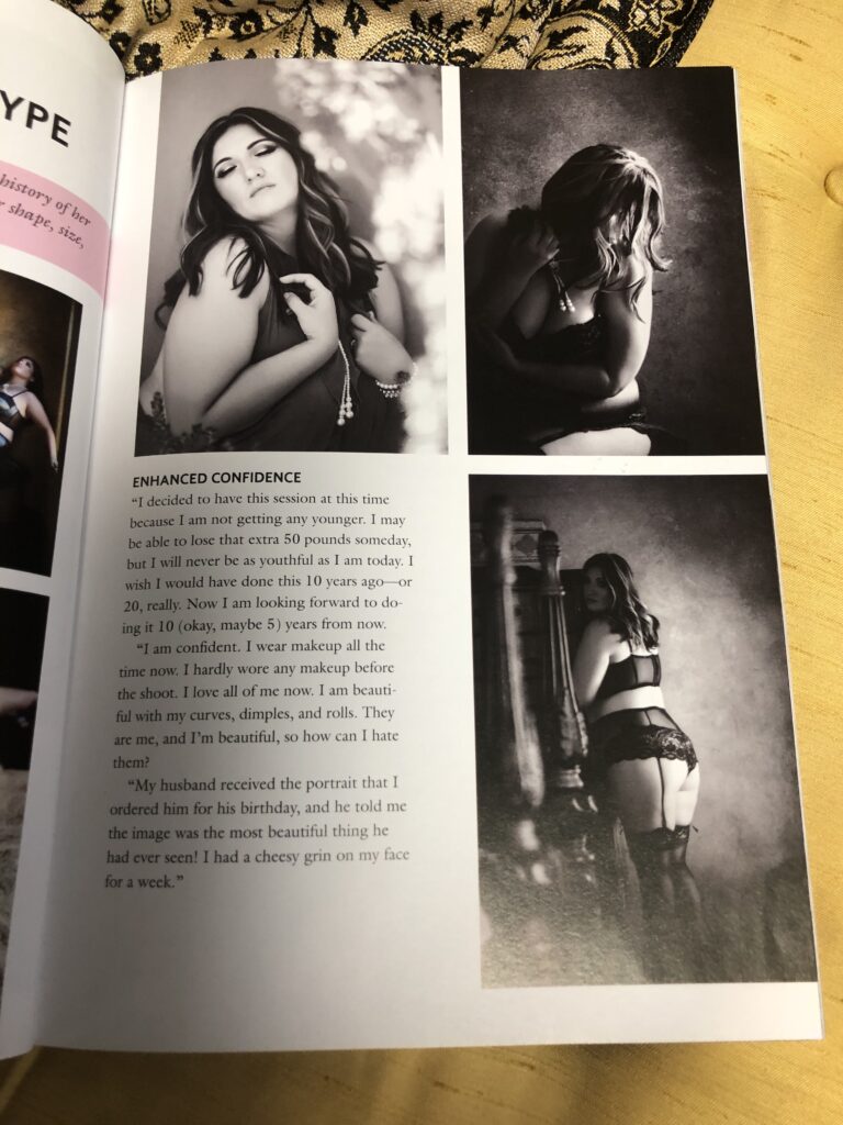 A photo book page displaying black and white portraits of a woman in various poses, reflecting confidence and feminine grace, accompanied by a personal narrative about gaining confidence with age. by Olivia Womack Photography