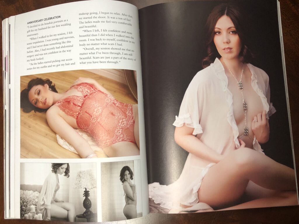 A magazine spread features two photos of a woman: in the left she reclines on the floor in a lacy red dress, eyes closed; on the right, she sits on a bed in a white robe, looking pensively at the camera. by Olivia Womack Photography