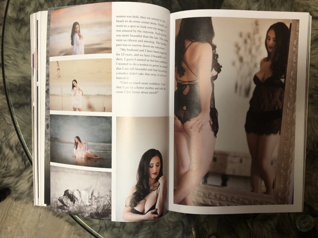 A photo of an open book with various images of a woman modeling lingerie. the woman poses in different settings, and the pages contain text alongside the photos. by Olivia Womack Photography